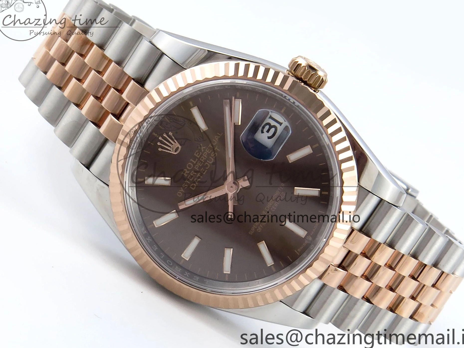 MiroTime 0204 SmoothTexture DateJust 36 126231 EWEF Best Edition Brown Dial Stick Marker on SS RG Jubilee Bracelet A 592
